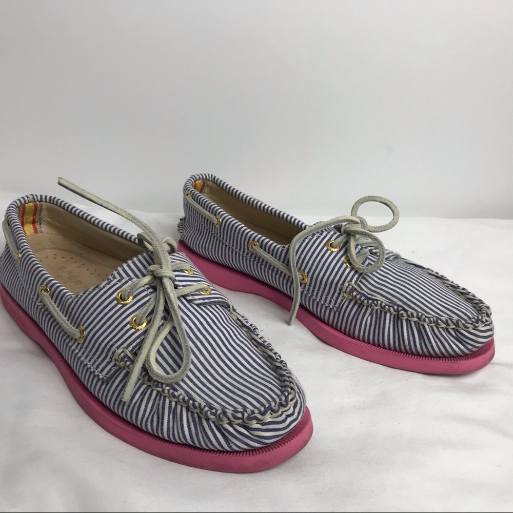 Sperry Blue/White Deck Shoes Pink Soles Sz 6